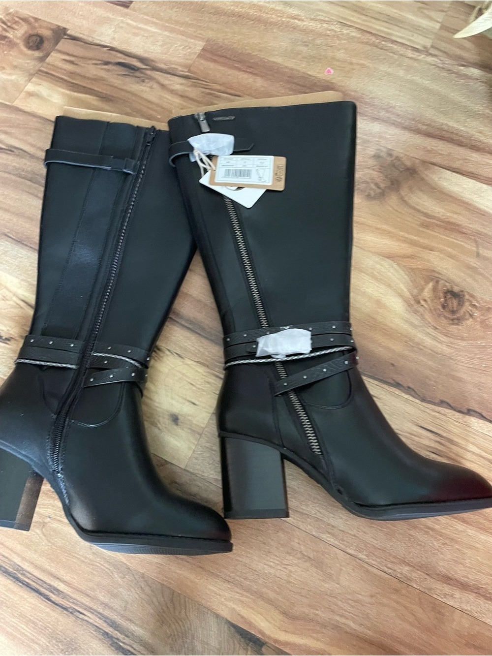 Gabylou Black Knee High Block Heel Boots Studded Strap Size 38